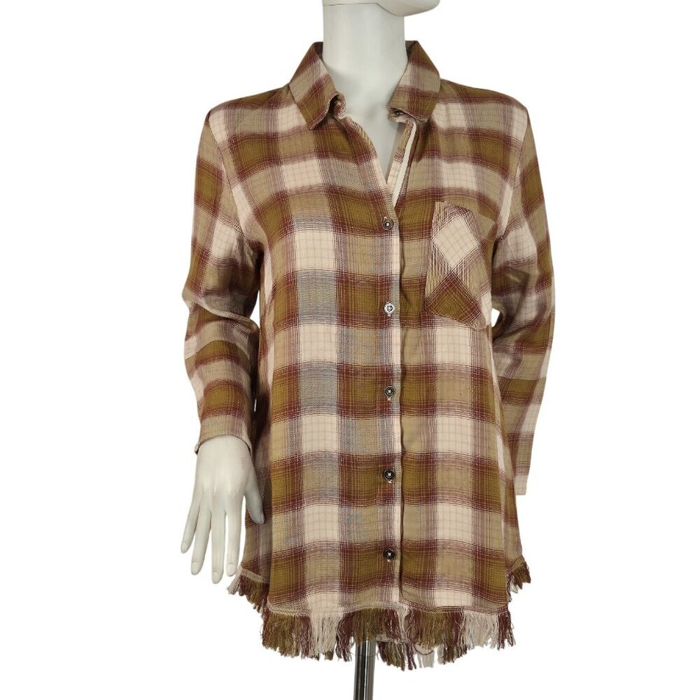 Karyn Seo Paola Women's Blouse Shirt Size S Old Gold Plaid Frayed Hem Brown (51)